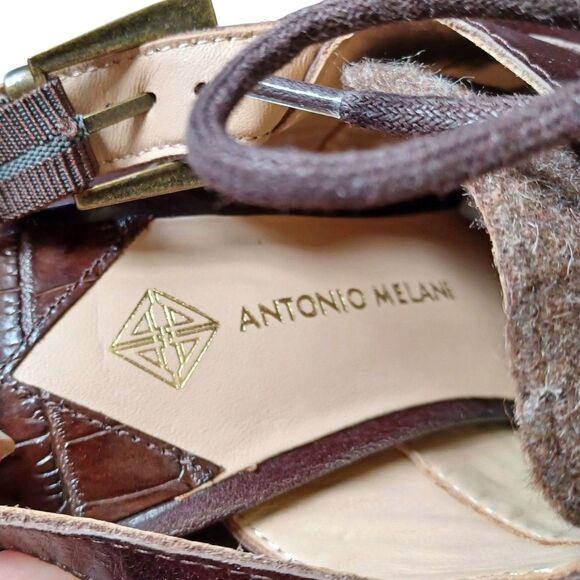 Antonio Melani Shoes 9M Brown Leather Felt Block Heel Slingback Lace Up Retro - Picture 8 of 9